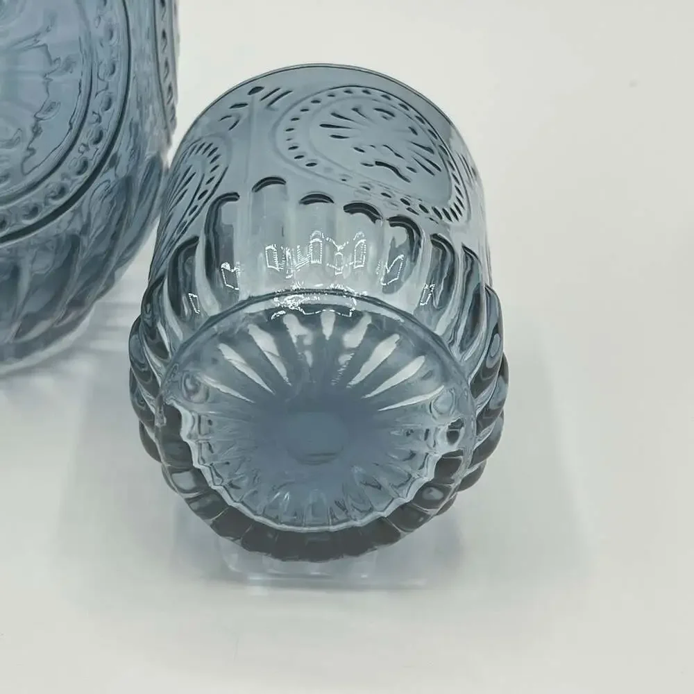 NWOT Art Glass Smokey Blue Embossed Pressed Design Tumble Up Set As Is